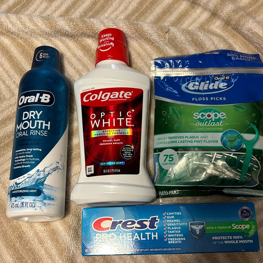Oral-B Dry Mouth,Crest Pro Health paste Oral -B Floss picks Colgate Optic White